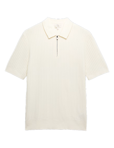 Cotton Rich Ribbed Knitted Zip Up Polo Shirt