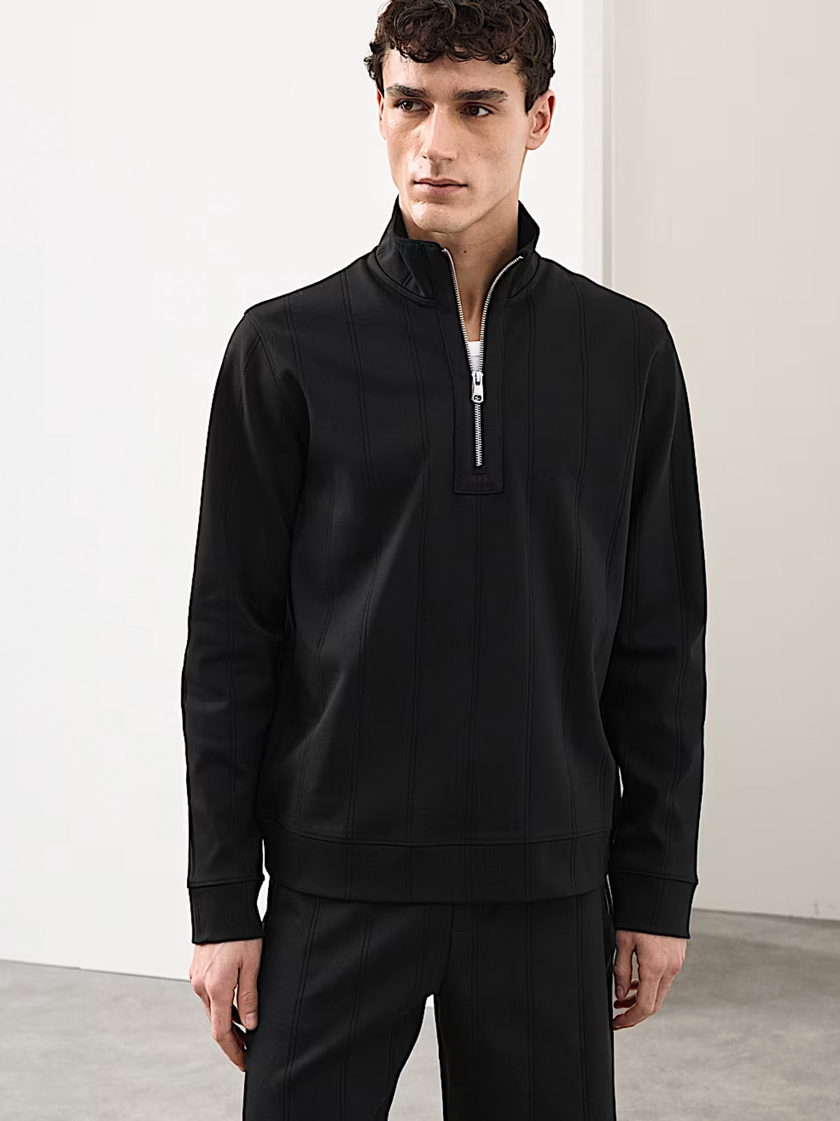 Pure Cotton Drop Needle Striped Half Zip Jacket