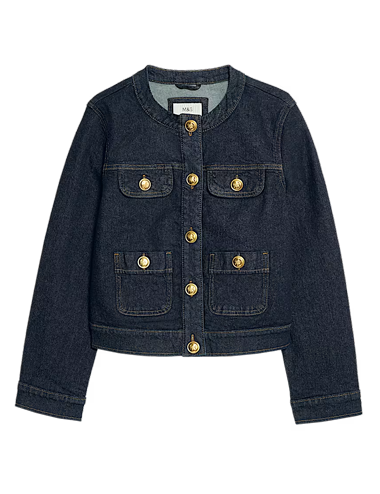 Denim Collarless Button Through Jacket