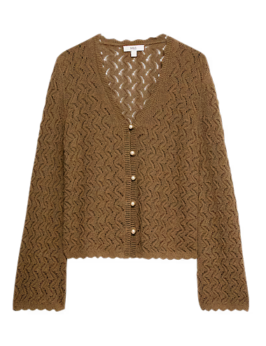 Cotton Rich Pearl Detail Scallop Edge Cardigan