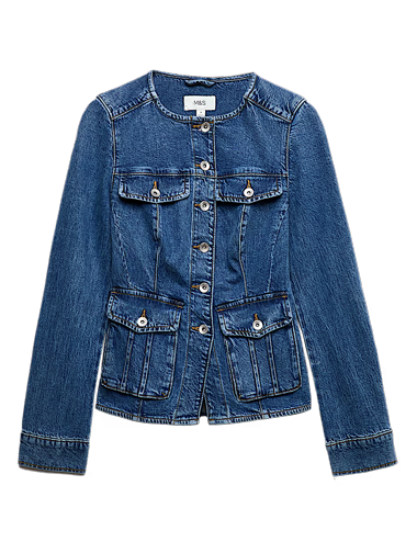 Denim Collarless Fitted Utility Jacket